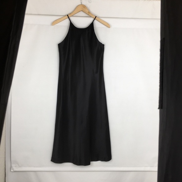 Vintage 90s Y2K Black Satin Midi Dress High Neck Size 5/6 by All That Jazz Goth - Picture 4 of 14